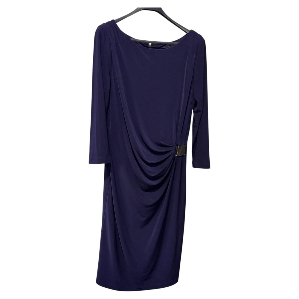 Tahari Arthur S. Levine Navy Blue Ruched Sheath Dress with Gold Buckle Size 10